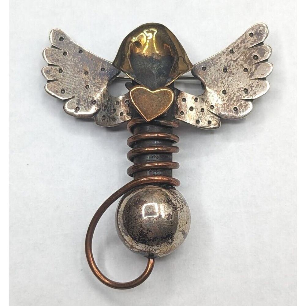 Thomas Mann Sterling Silver Mixed Metal Angel Wings Heart Bud Vase Brooch Pin